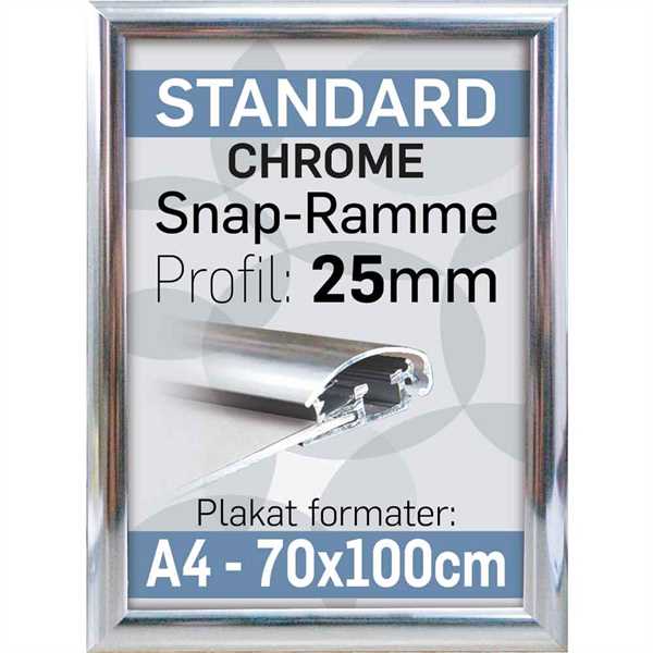 Snap ramme m 25 mm Alu profil - Krom - Poster: 50 x 70 cm