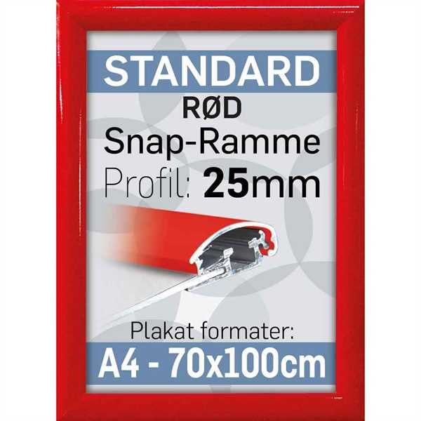 Snap ramme m 25 mm Alu profil - Rød - Poster: 50 x 70 cm